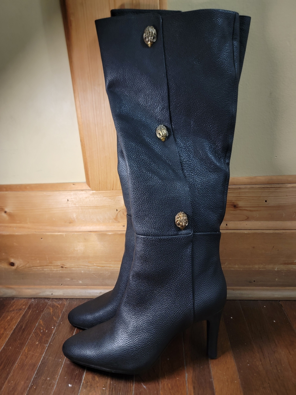 Kurt Geiger Black Knee-High Leather Boots with Gold Button Accents